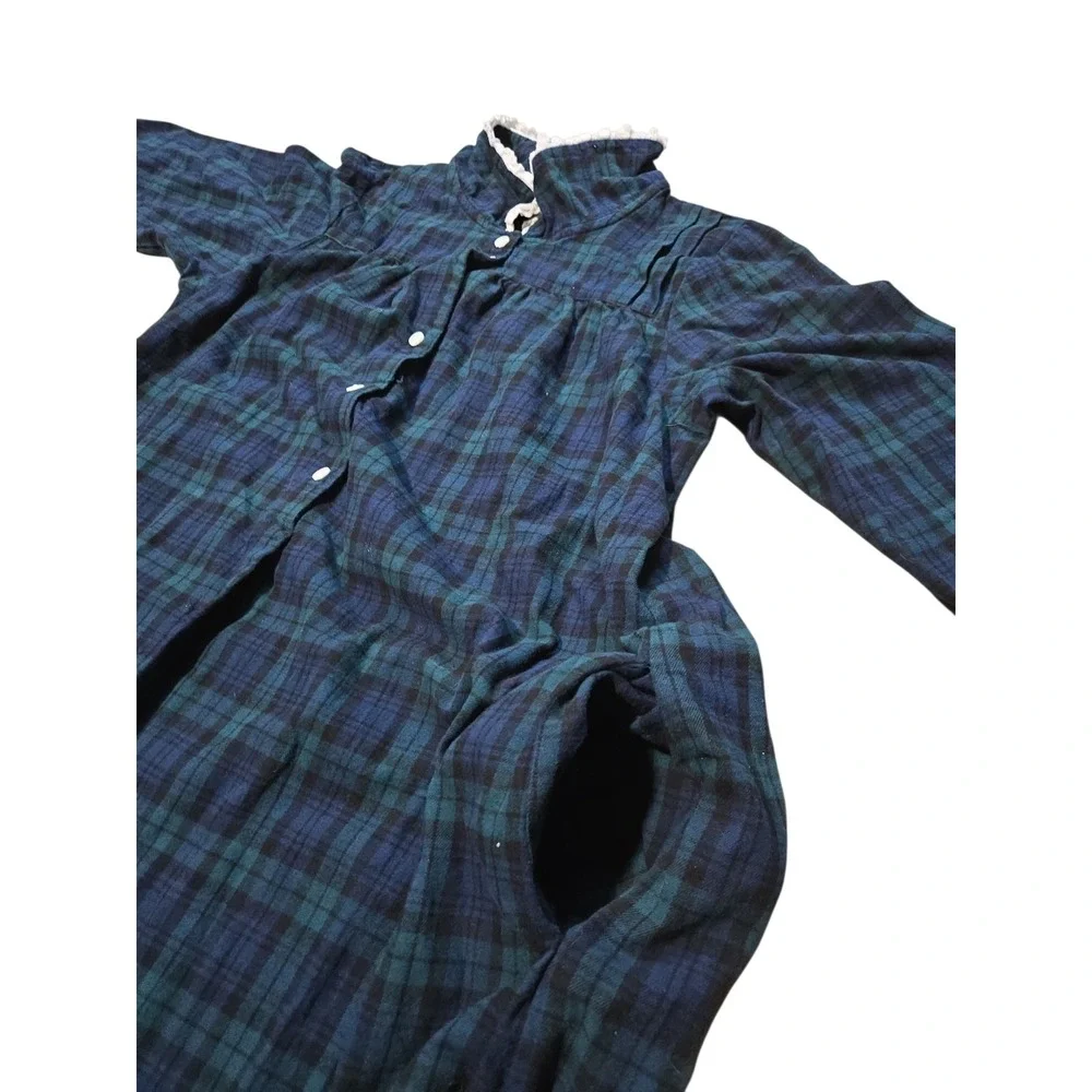 Lanz of Salzburg Green Blue Plaid Flannel Nightgown Maxi Lace Trim PM - Picture 2 of 13